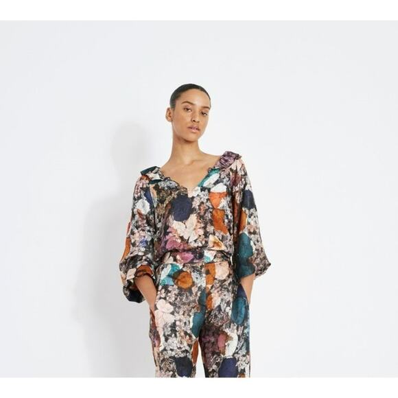 RAQUEL Allegra Womens Sz 0 Small Dolly Blouse Boho Ruffle Floral Silk Blend Luxe - Picture 4 of 14